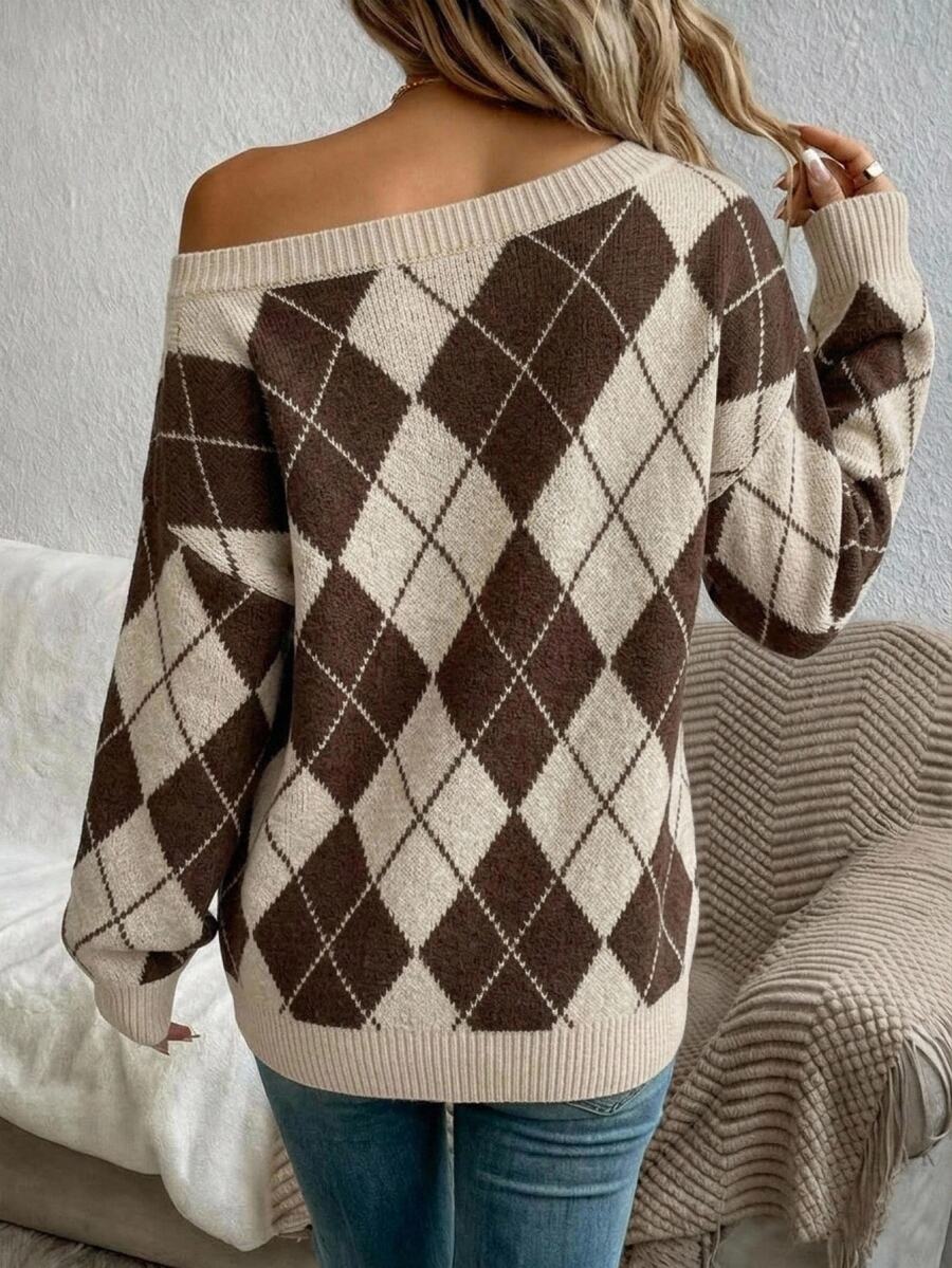Off Shoulder Sweater Long Sleeve Pullover - Brown and Cream - photo 2