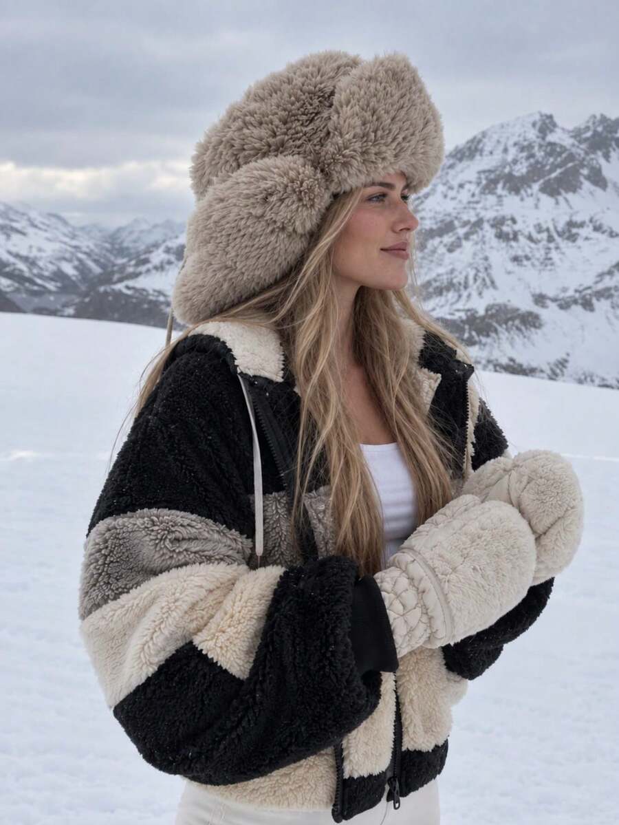 Women's Oversized Hooded Fuzzy Fleece Jacket with Pockets - Black and Beige - photo 6
