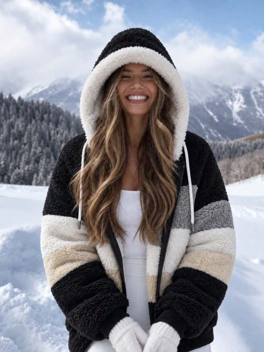 Women's Oversized Hooded Fuzzy Fleece Jacket with Pockets - Black and Beige
