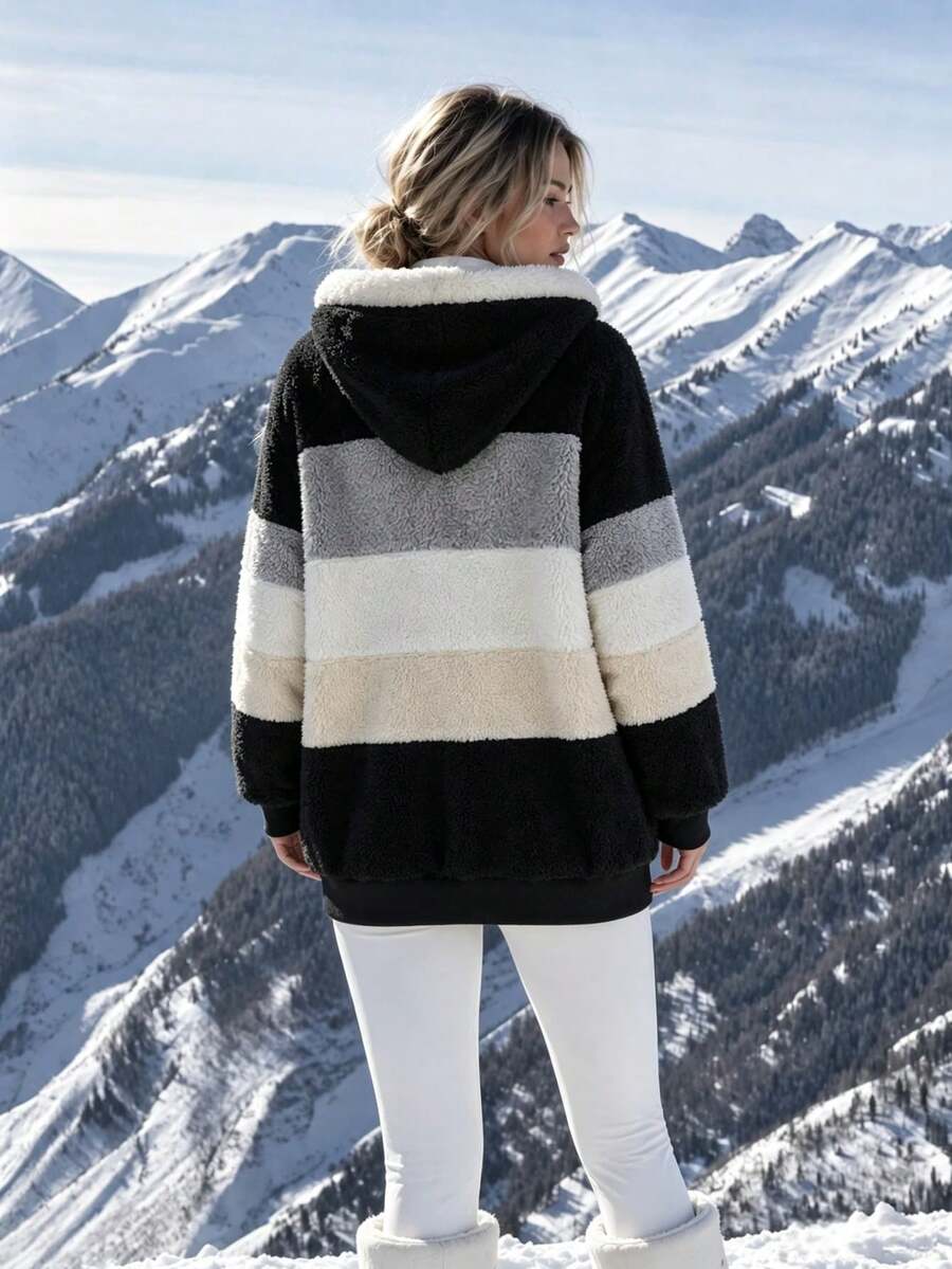 Women's Oversized Hooded Fuzzy Fleece Jacket with Pockets - Black and Beige - photo 4