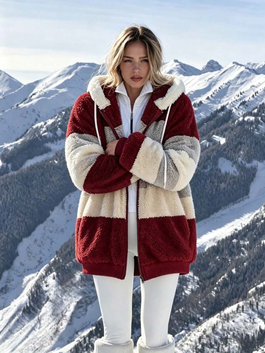 Women's Oversized Hooded Fuzzy Fleece Jacket with Pockets - Red and Beige - photo 7
