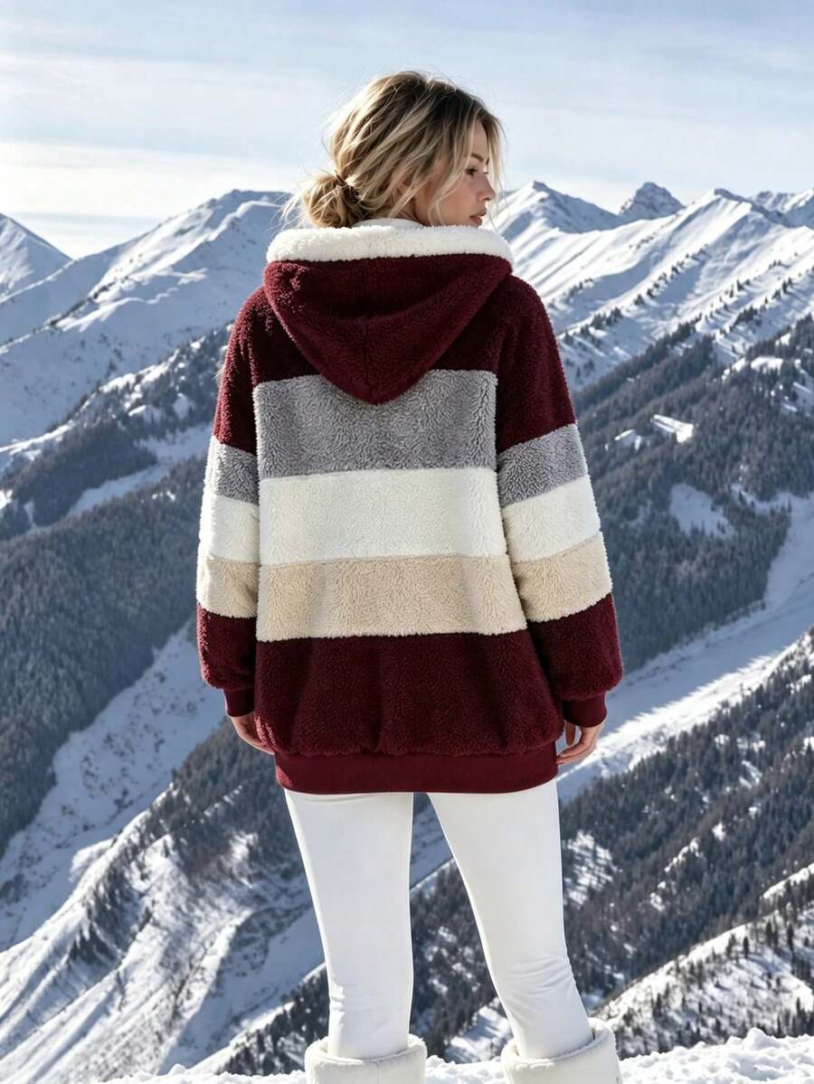 Oversized Hooded Fuzzy Jacket With Pockets - Red and Beige - photo 4