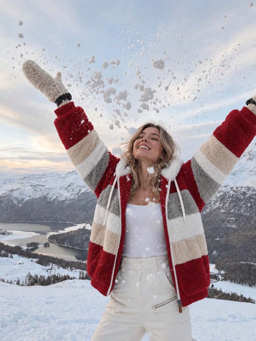 Oversized Hooded Fuzzy Jacket With Pockets - Red and Beige - photo 5