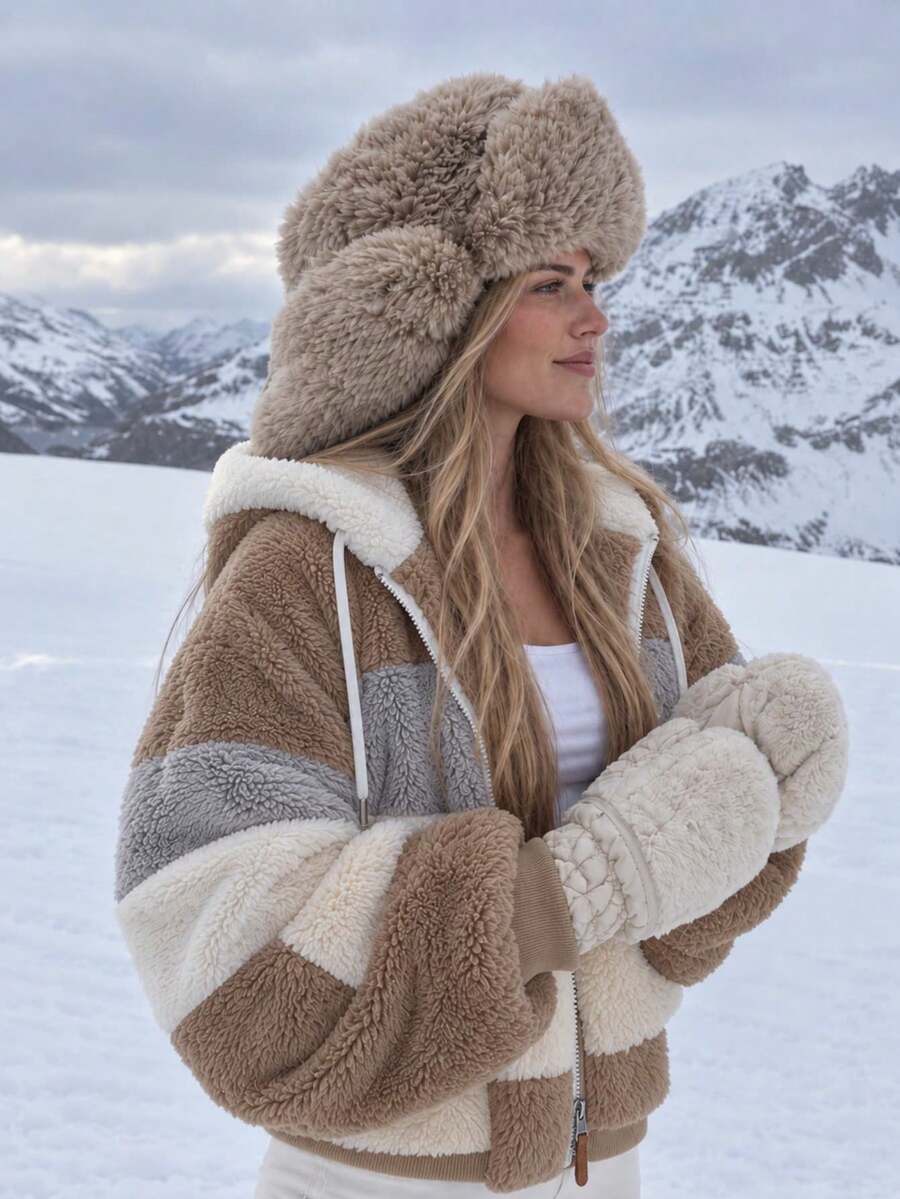 Women's Oversized Hooded Fuzzy Fleece Jacket with Pockets - Khaki and Beige - photo 6