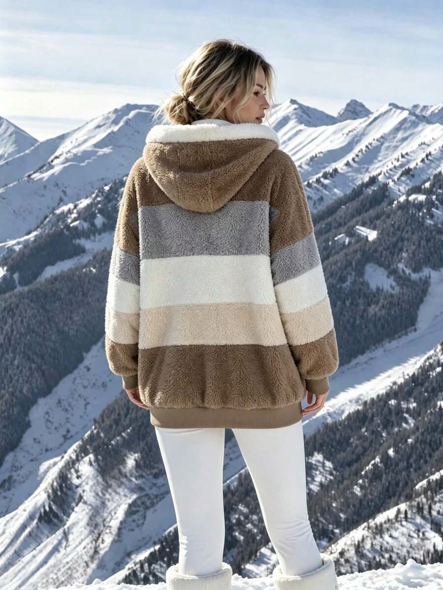 Women's Oversized Hooded Fuzzy Fleece Jacket with Pockets - Khaki and Beige - photo 4