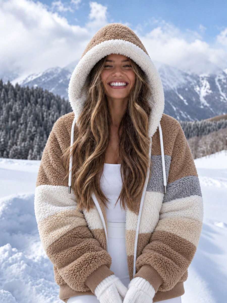 Oversized Hooded Fuzzy Jacket With Pockets - Khaki and Beige