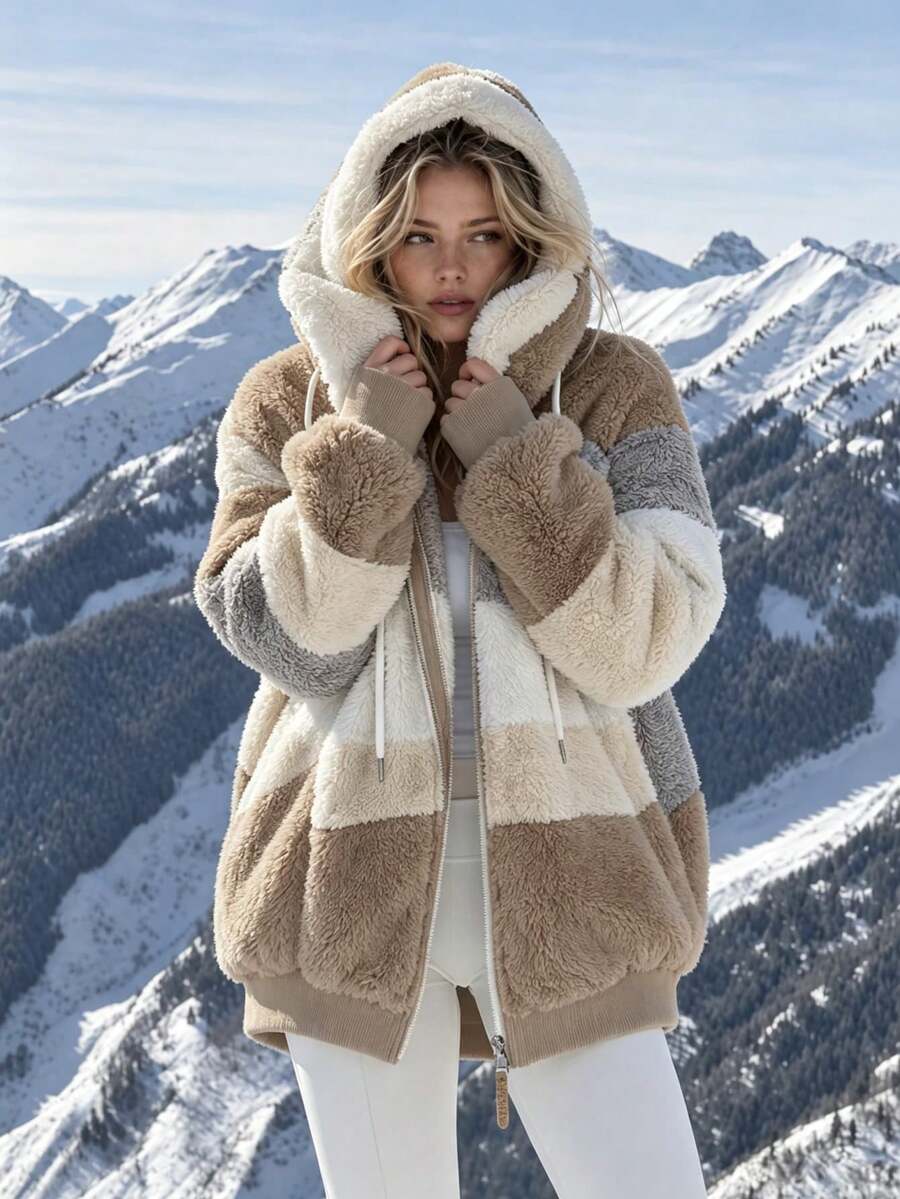 Oversized Hooded Fuzzy Jacket With Pockets - Khaki and Beige - photo 3