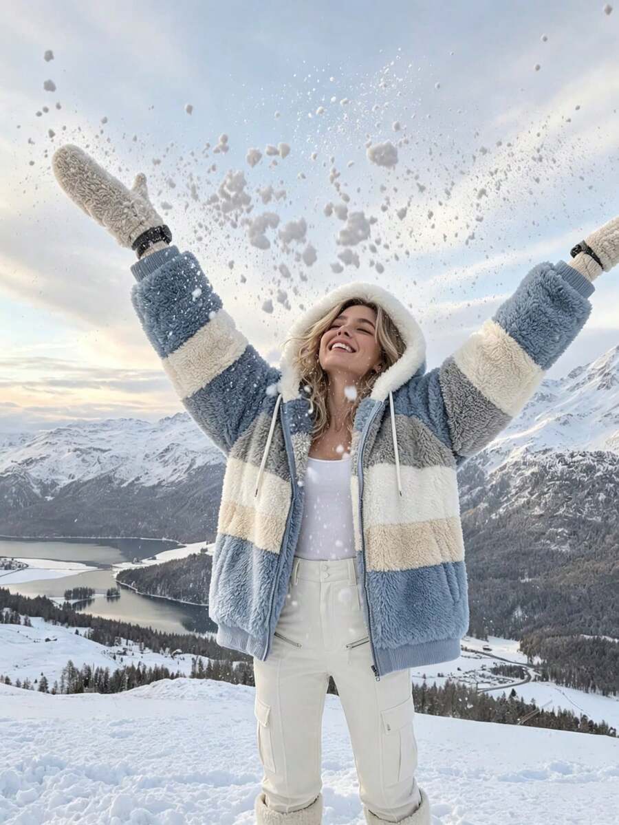 Women's Oversized Hooded Fuzzy Fleece Jacket with Pockets - Blue and Beige - photo 5