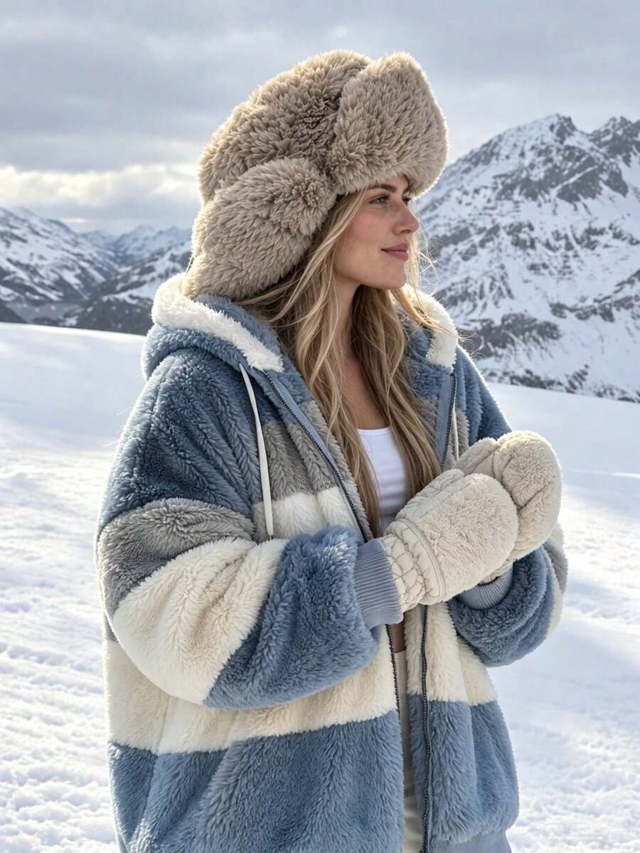 Oversized Hooded Fuzzy Jacket With Pockets - Blue and Beige - photo 6