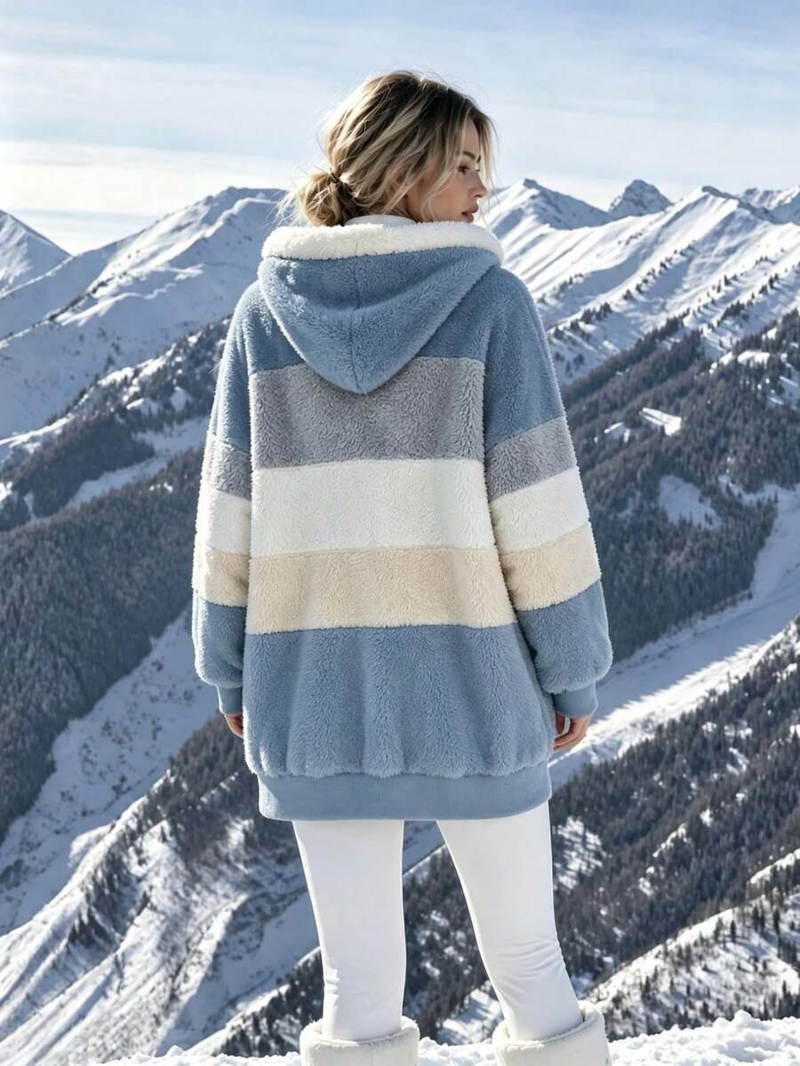 Women's Oversized Hooded Fuzzy Fleece Jacket with Pockets - Blue and Beige - photo 4