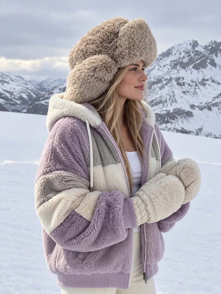 Women's Oversized Hooded Fuzzy Fleece Jacket with Pockets - Lilac and Beige - photo 6