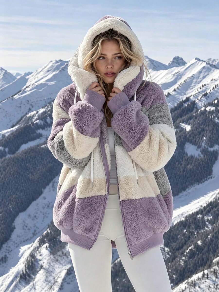 Women's Oversized Hooded Fuzzy Fleece Jacket with Pockets - Lilac and Beige - photo 3