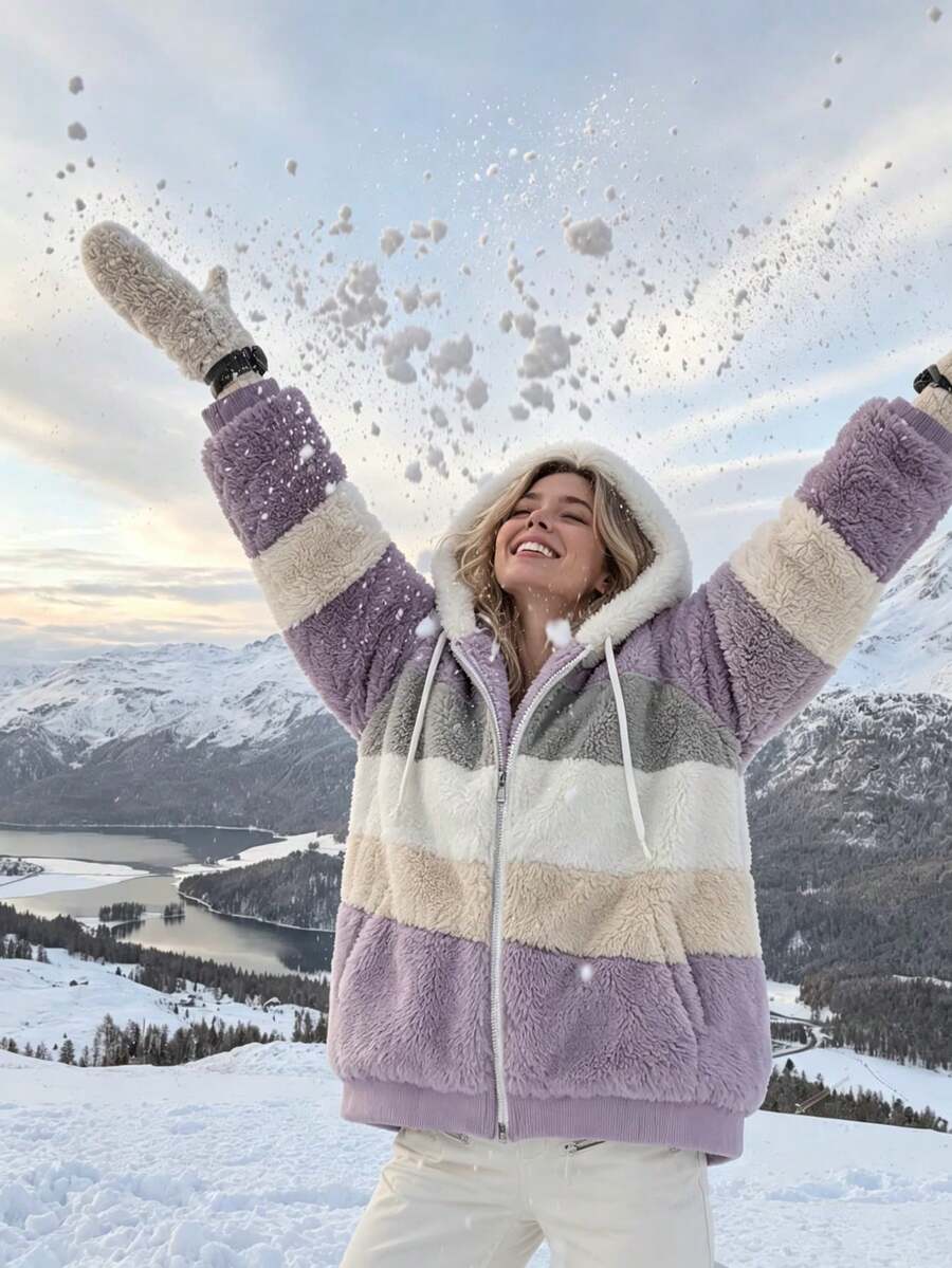 Oversized Hooded Fuzzy Jacket With Pockets - Lilac and Beige - photo 5
