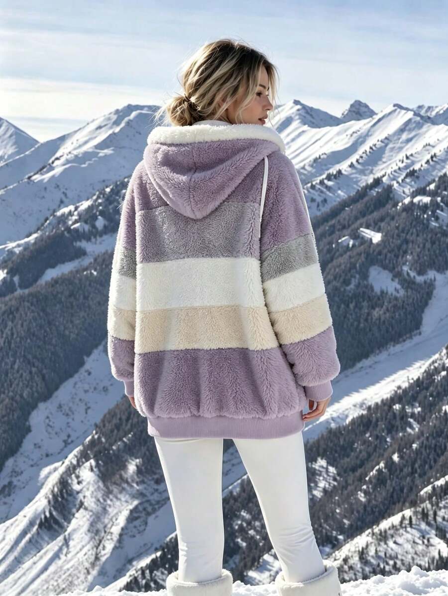 Women's Oversized Hooded Fuzzy Fleece Jacket with Pockets - Lilac and Beige - photo 4