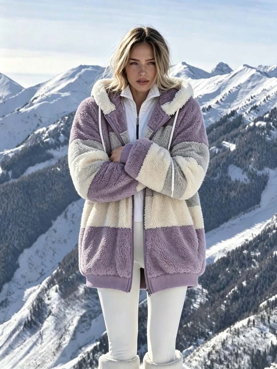 Oversized Hooded Fuzzy Jacket With Pockets - Lilac and Beige - photo 7