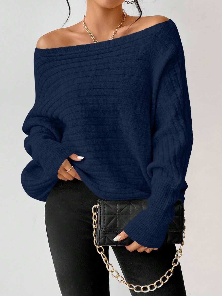 Boat Neck Batwing Sleeve Sweater - Navy - photo 6