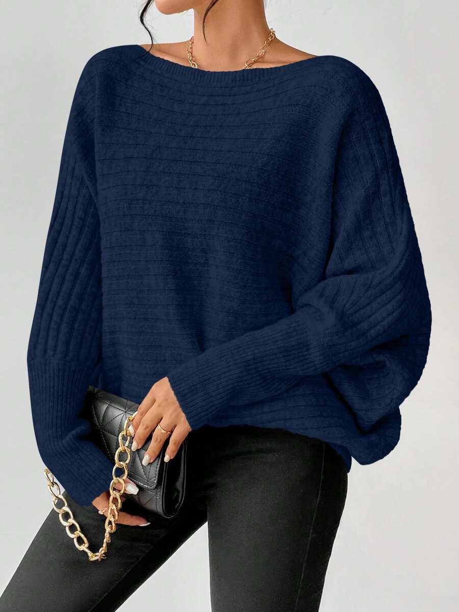 Boat Neck Batwing Sleeve Sweater - Navy - photo 7
