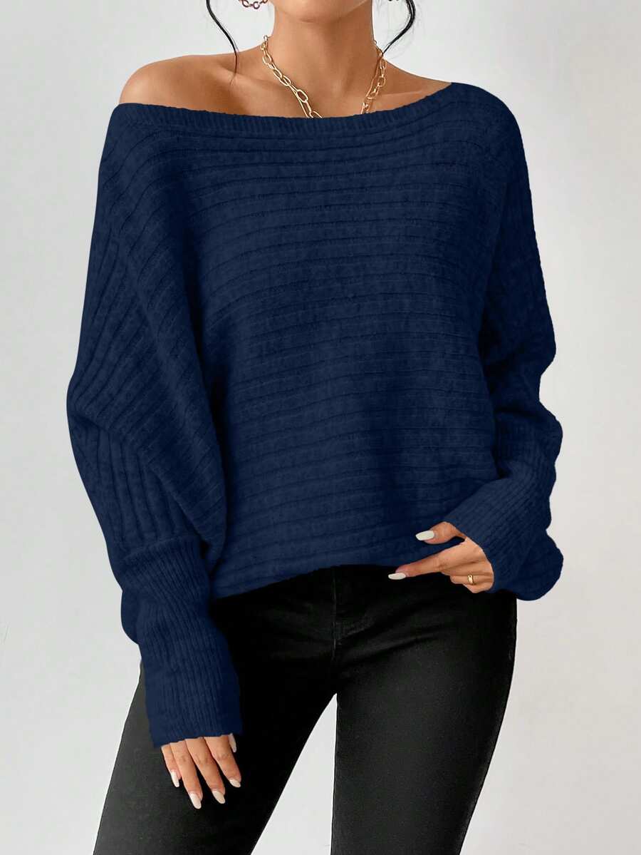 Boat Neck Batwing Sleeve Sweater - Navy - photo 4