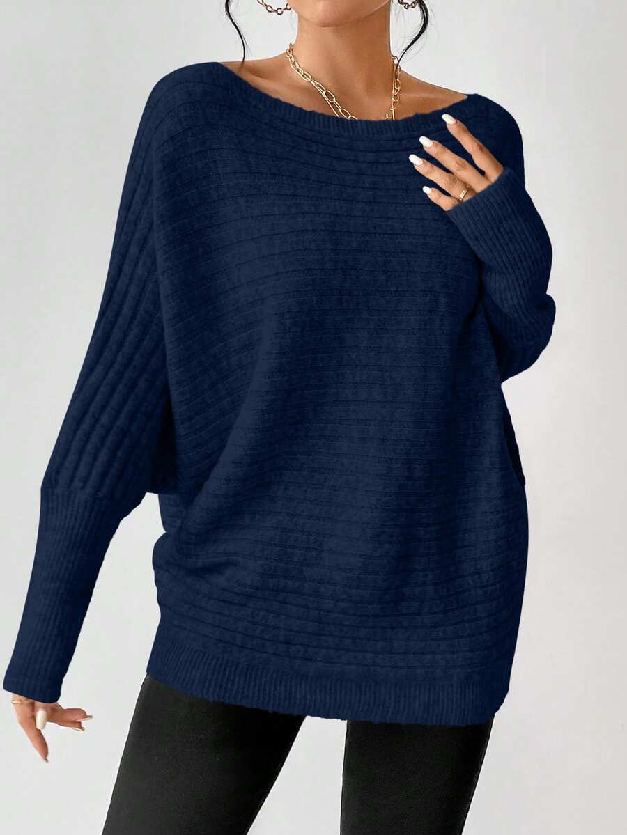 Boat Neck Batwing Sleeve Sweater - Navy