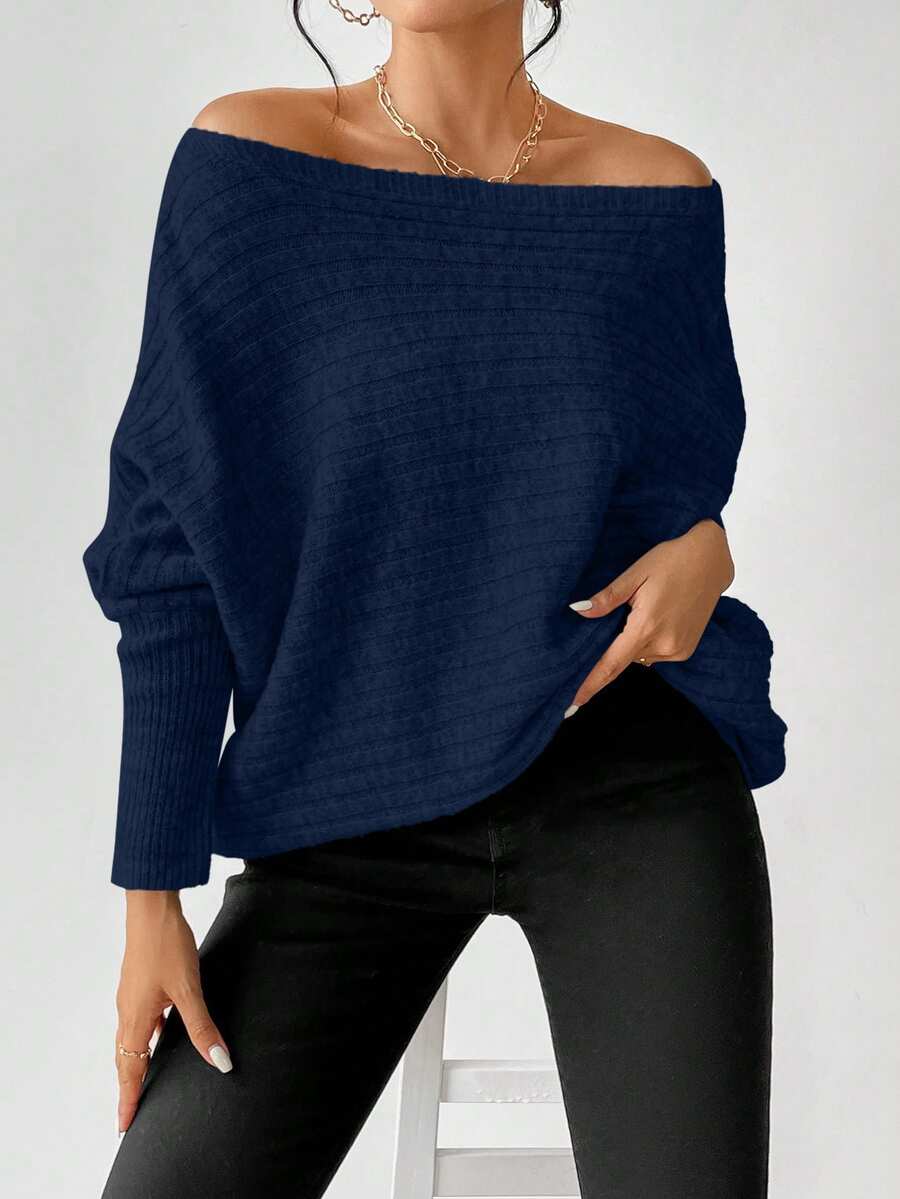 Boat Neck Batwing Sleeve Sweater - Navy - photo 3