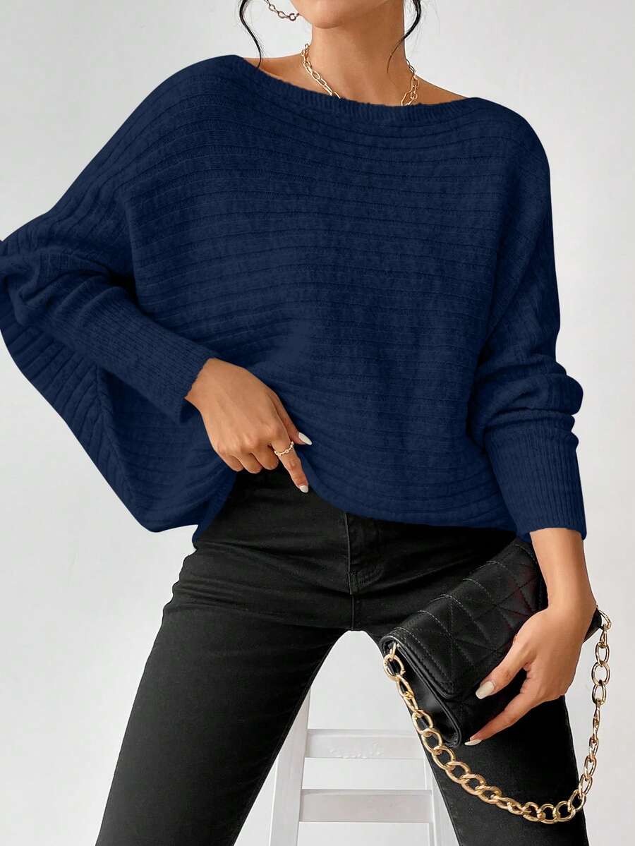 Boat Neck Batwing Sleeve Sweater - Navy - photo 5
