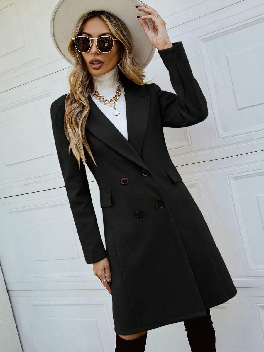 Women's Double Breasted Lapel Coat Thigh Length Long Sleeve - Black - photo 5