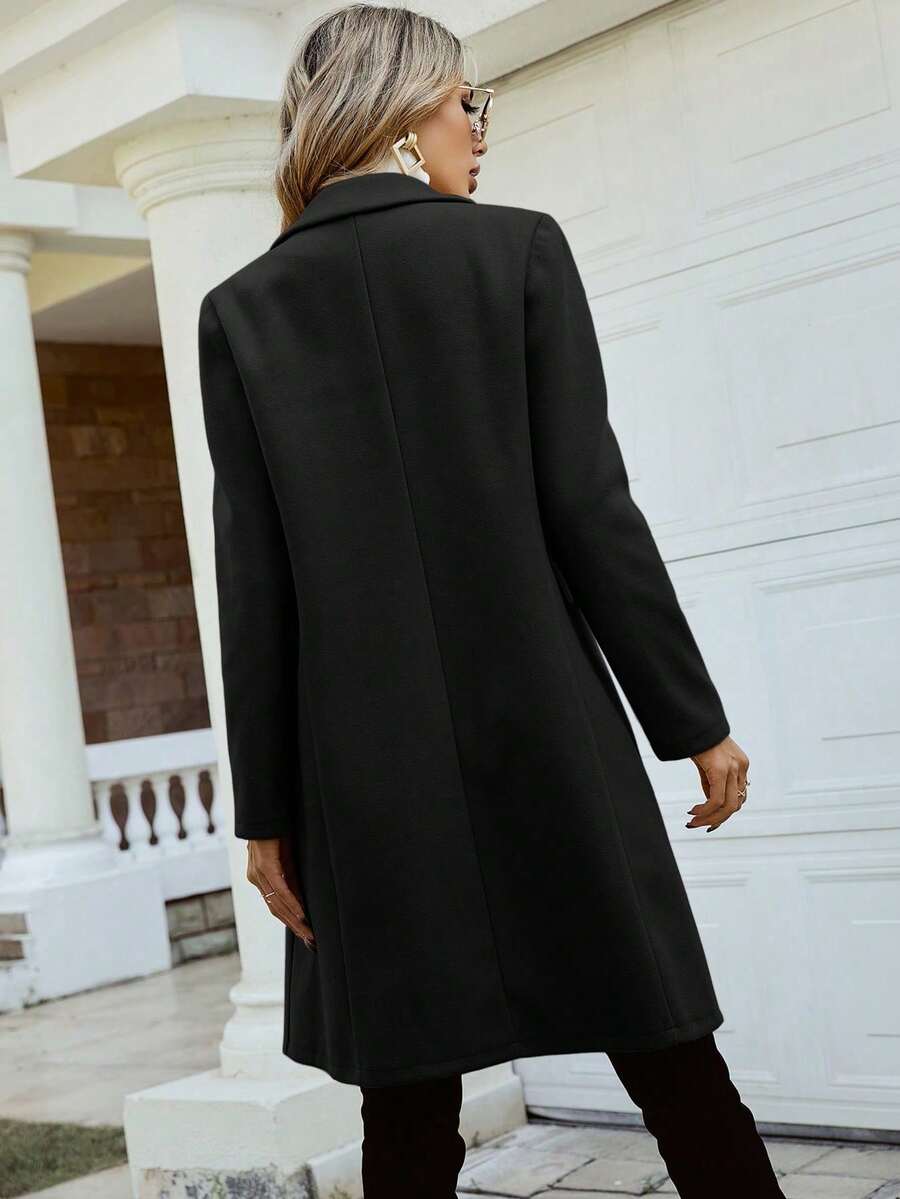 Women's Double Breasted Lapel Coat Thigh Length Long Sleeve - Black - photo 2