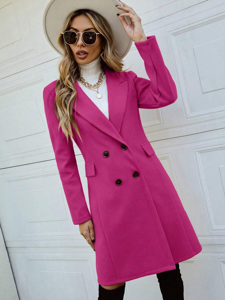 Women's Double Breasted Lapel Coat Thigh Length Long Sleeve - Hot Pink - photo 5