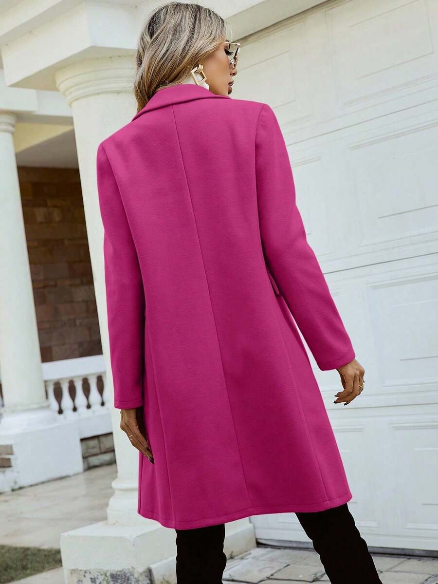 Women's Double Breasted Lapel Coat Thigh Length Long Sleeve - Hot Pink - photo 2