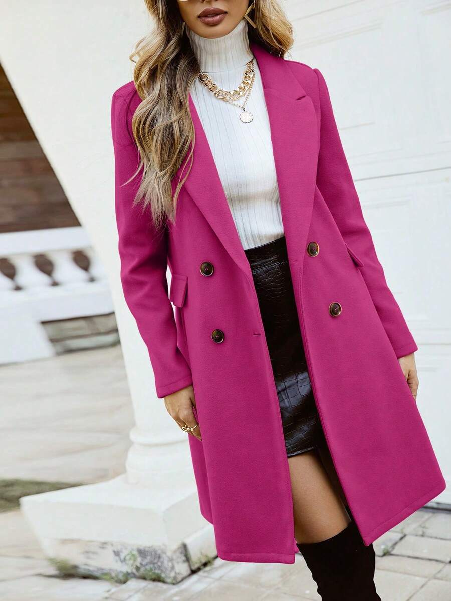 Women's Double Breasted Lapel Coat Thigh Length Long Sleeve - Hot Pink - photo 3
