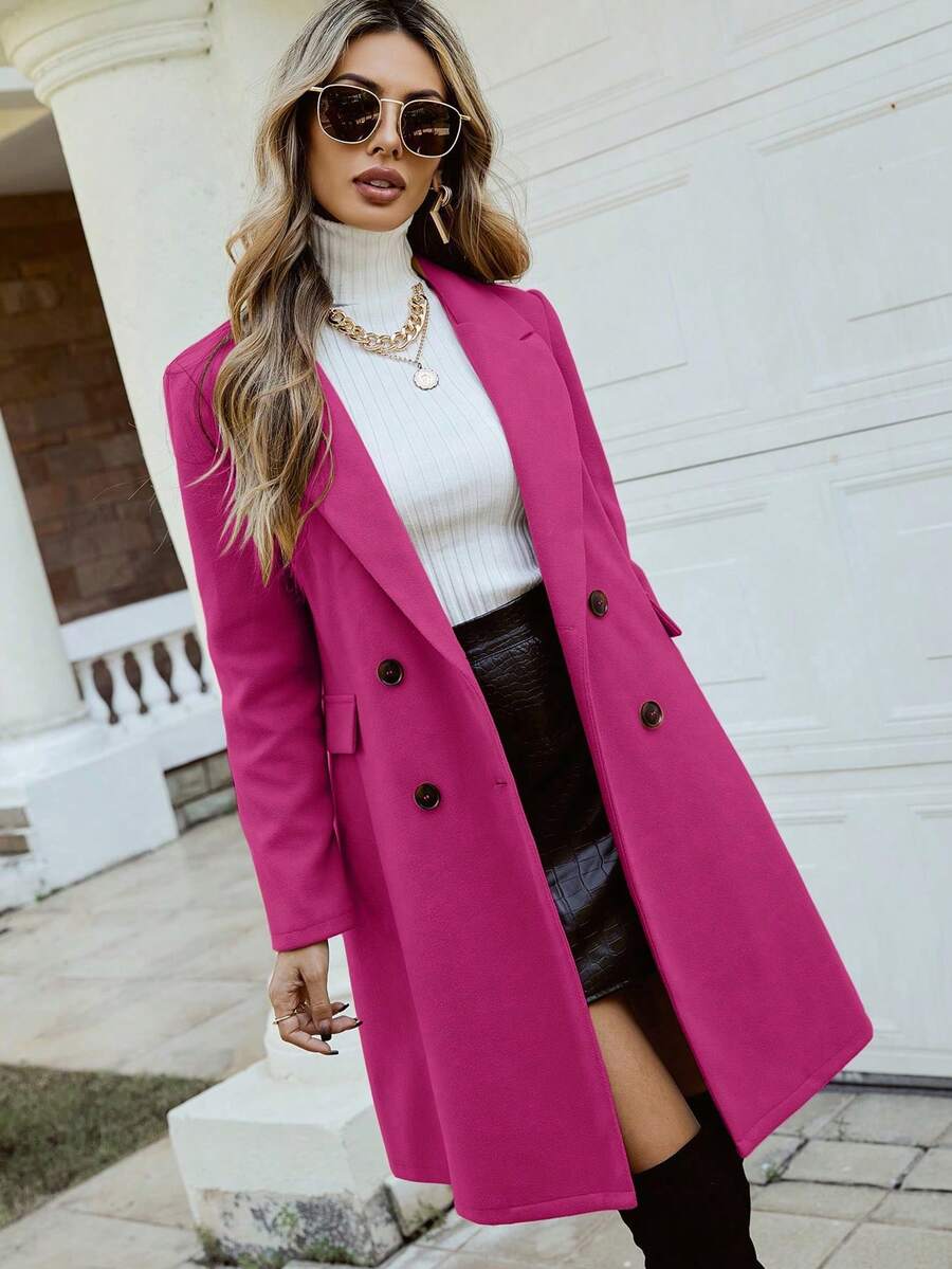 Women's Double Breasted Lapel Coat Thigh Length Long Sleeve - Hot Pink - photo 4