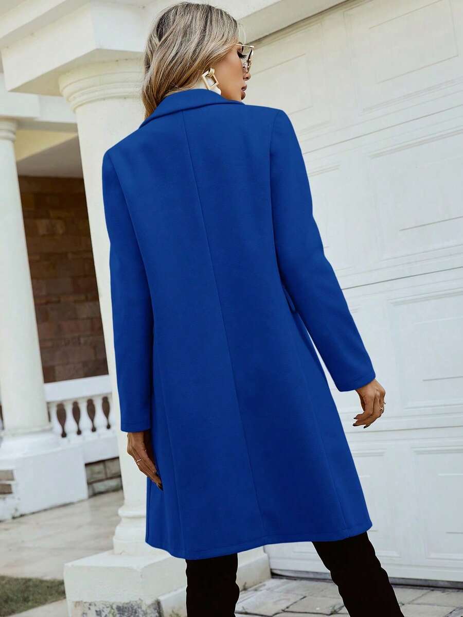 Women's Double Breasted Lapel Coat Thigh Length Long Sleeve - Royal Blue - photo 2