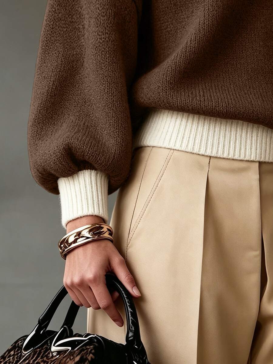 Drop Shoulder Contrast Collar Half Zip Sweater - Brown - photo 5