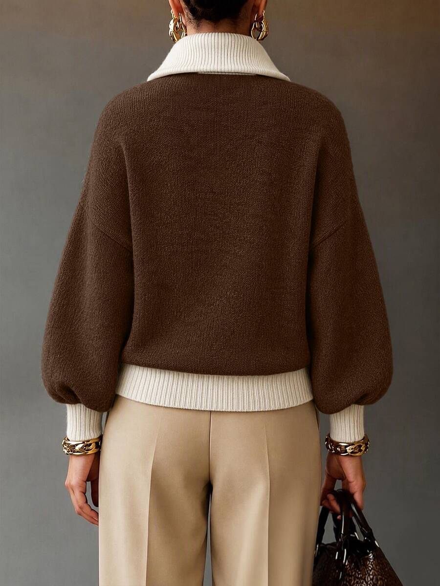 Drop Shoulder Contrast Collar Half Zip Sweater - Brown - photo 2