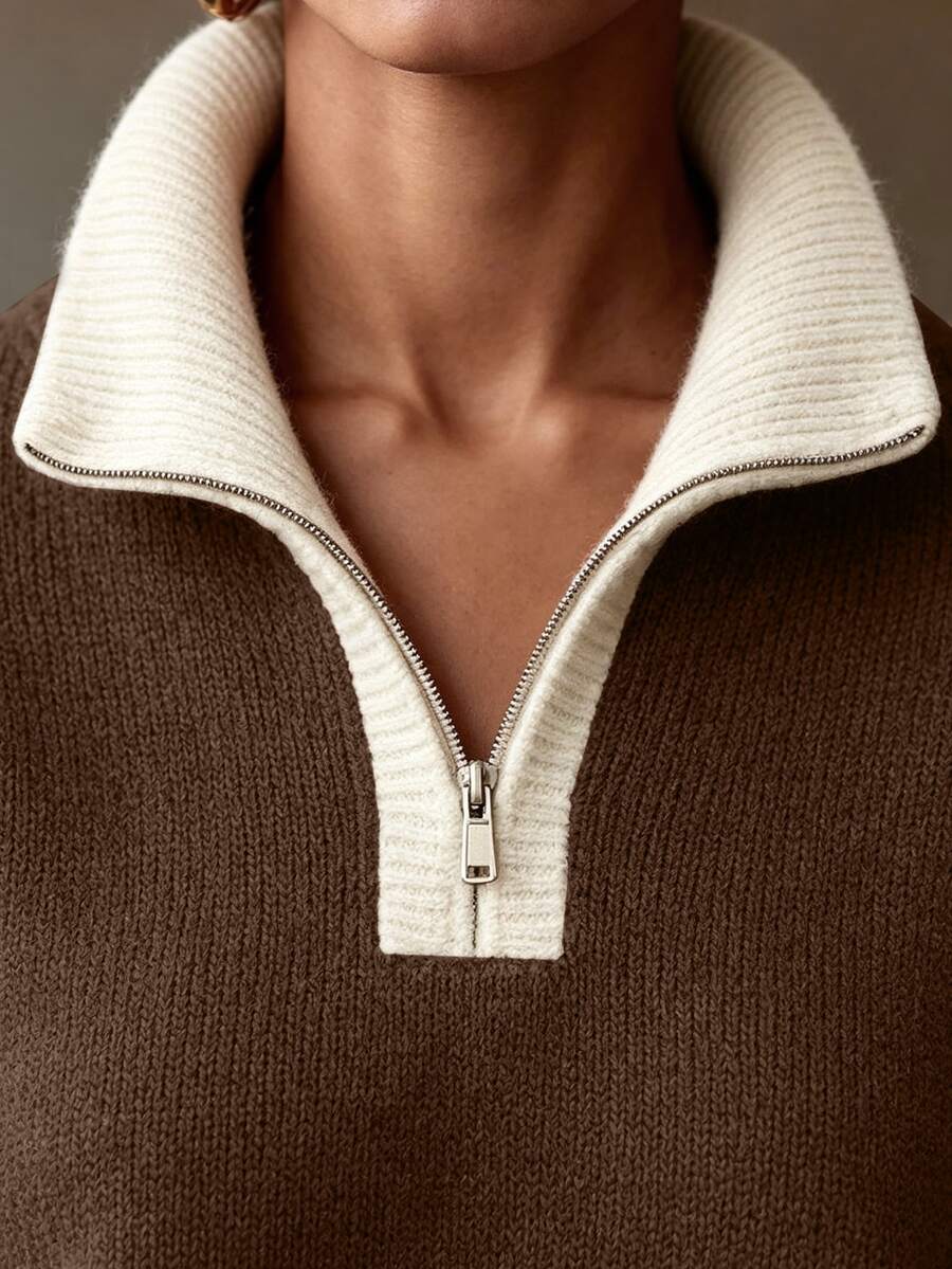 Drop Shoulder Contrast Collar Half Zip Sweater - Brown - photo 3