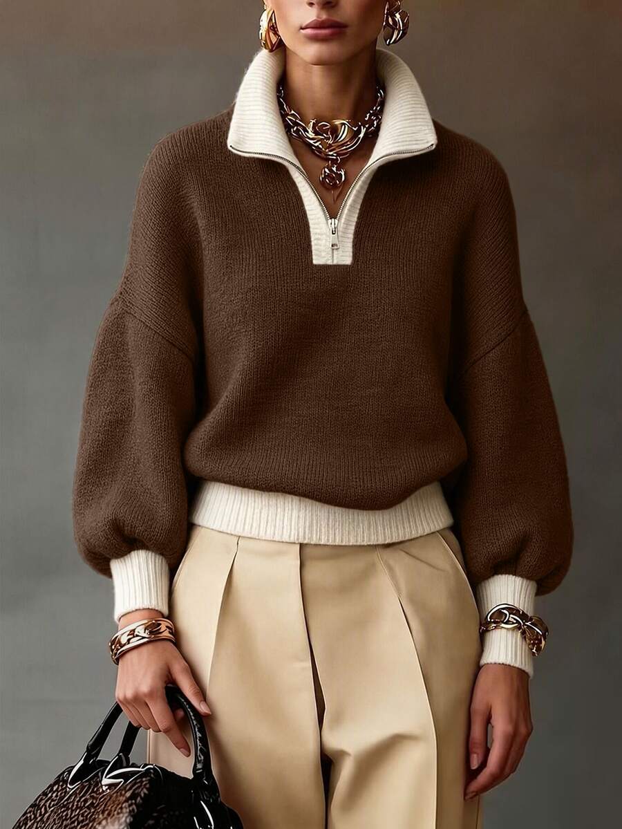 Drop Shoulder Contrast Collar Half Zip Sweater - Brown