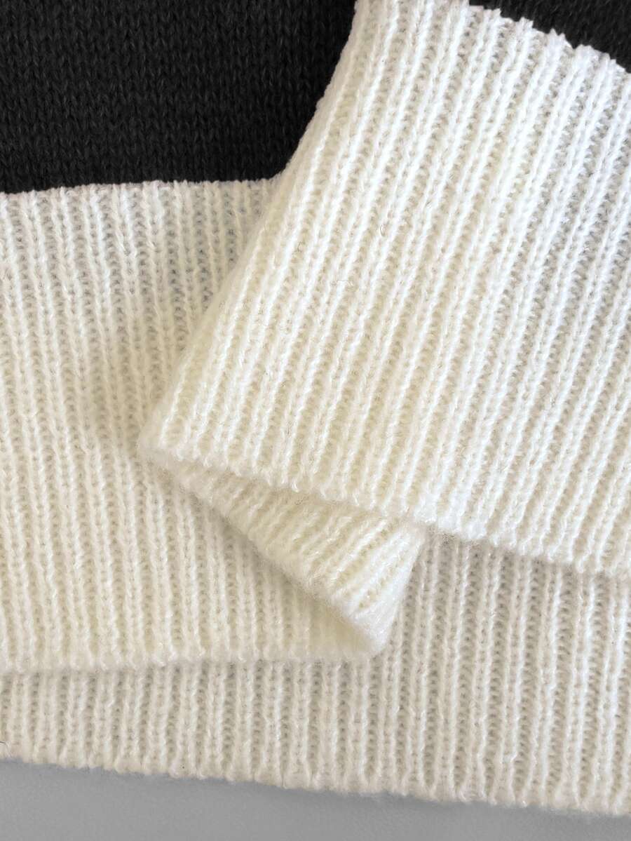 Drop Shoulder Contrast Collar Half Zip Sweater - Black - photo 6