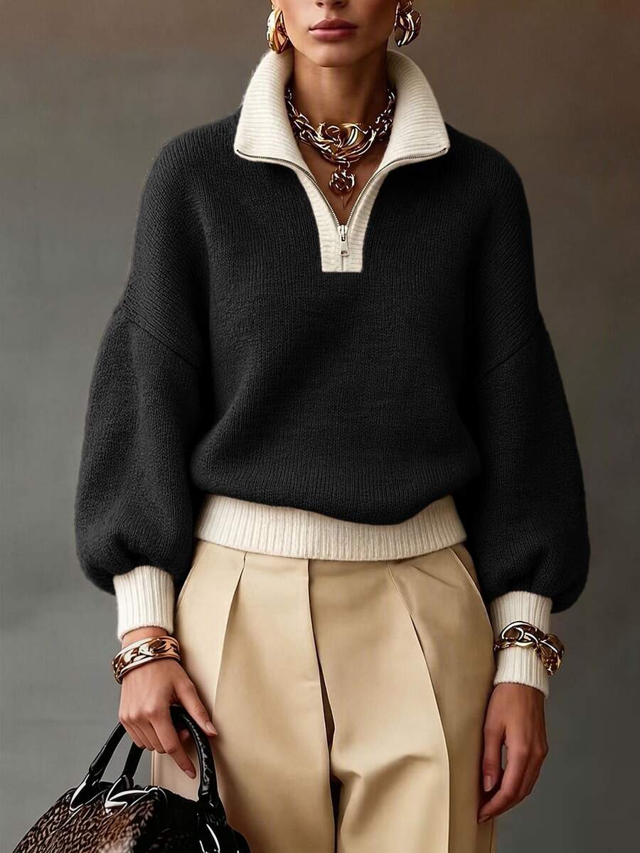 Drop Shoulder Contrast Collar Half Zip Sweater - Black