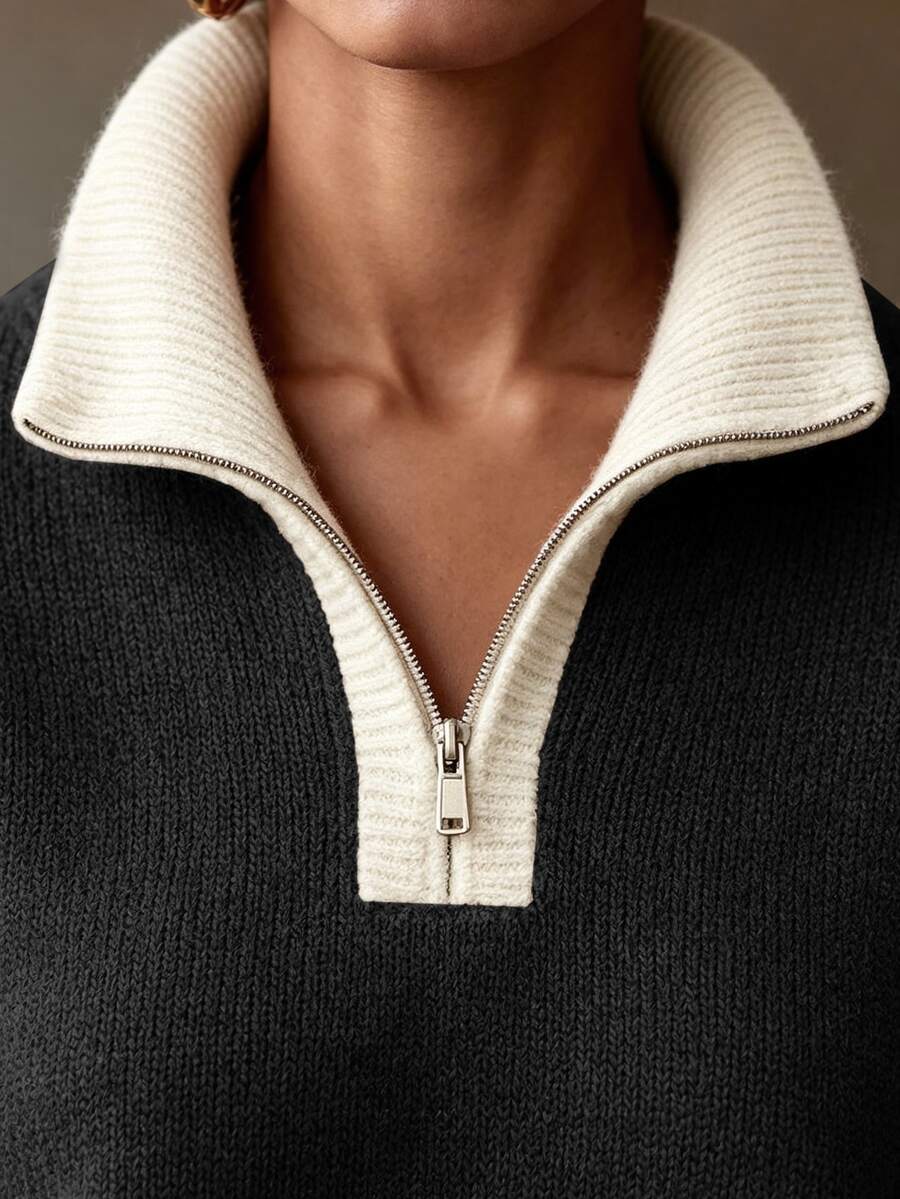 Drop Shoulder Contrast Collar Half Zip Sweater - Black - photo 3