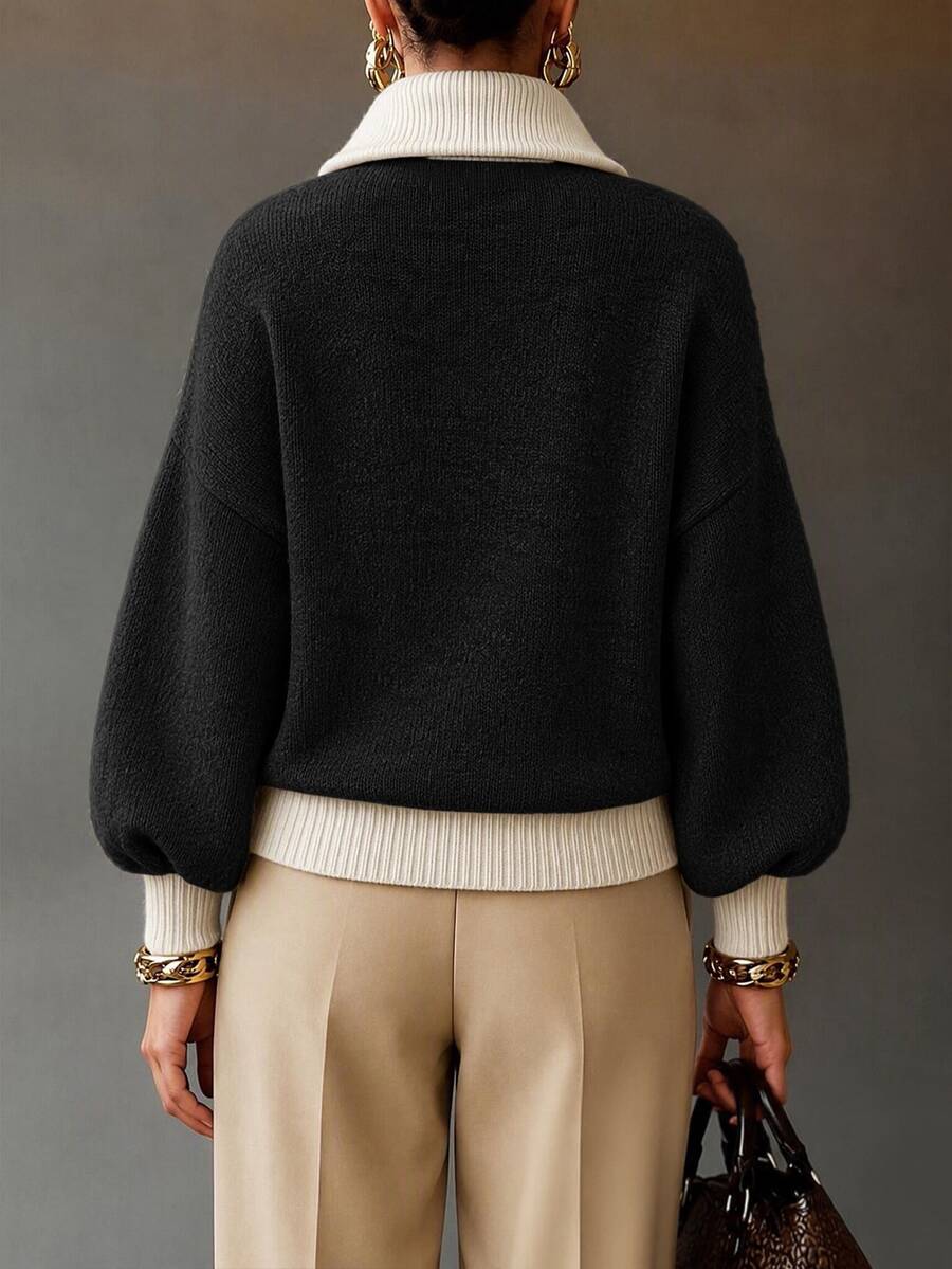 Drop Shoulder Contrast Collar Half Zip Sweater - Black - photo 2