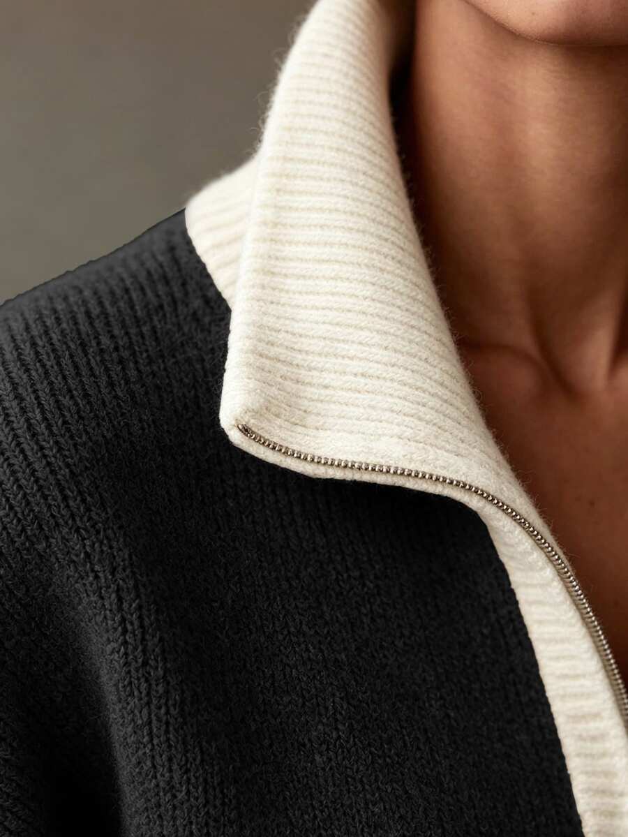 Drop Shoulder Contrast Collar Half Zip Sweater - Black - photo 4