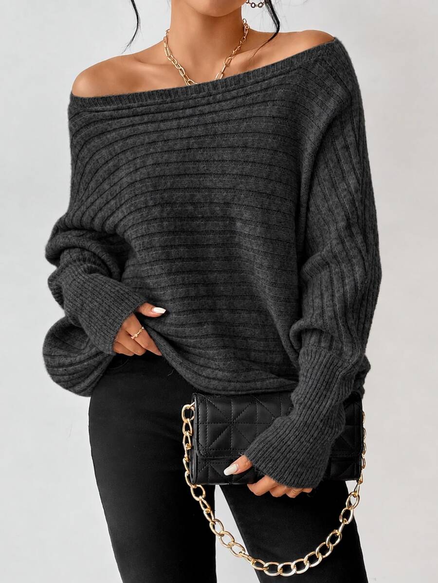 Boat Neck Batwing Sleeve Sweater - Charcoal - photo 3