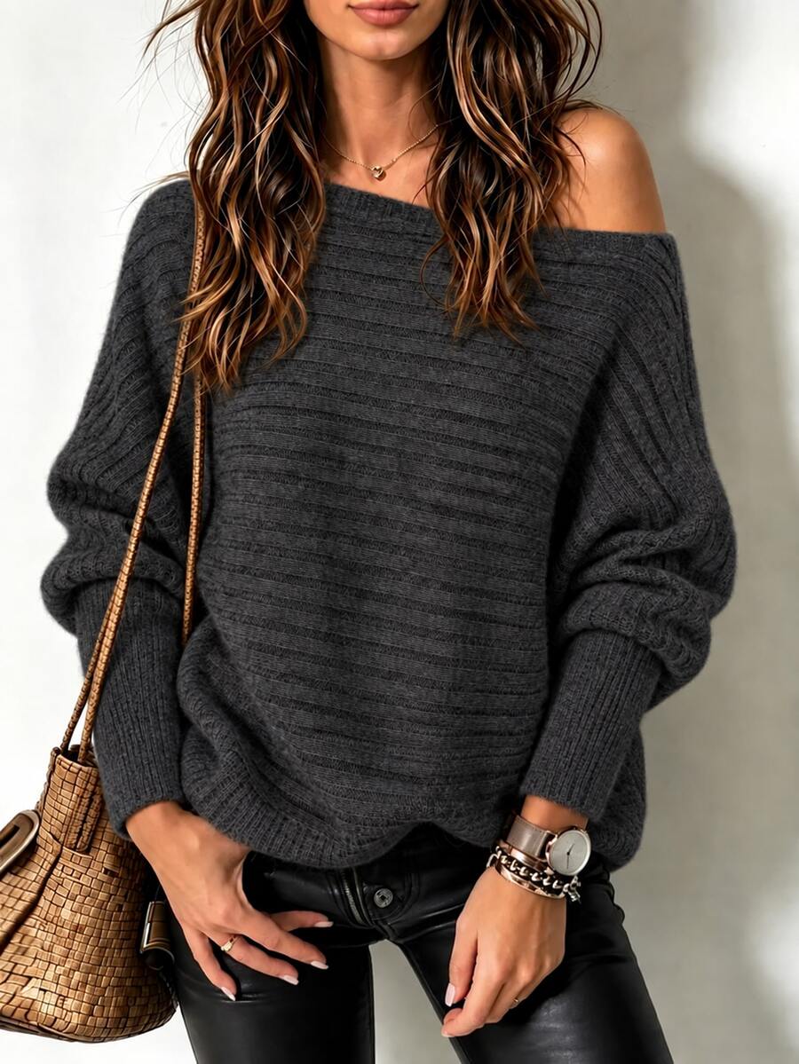 Boat Neck Batwing Sleeve Sweater - Charcoal