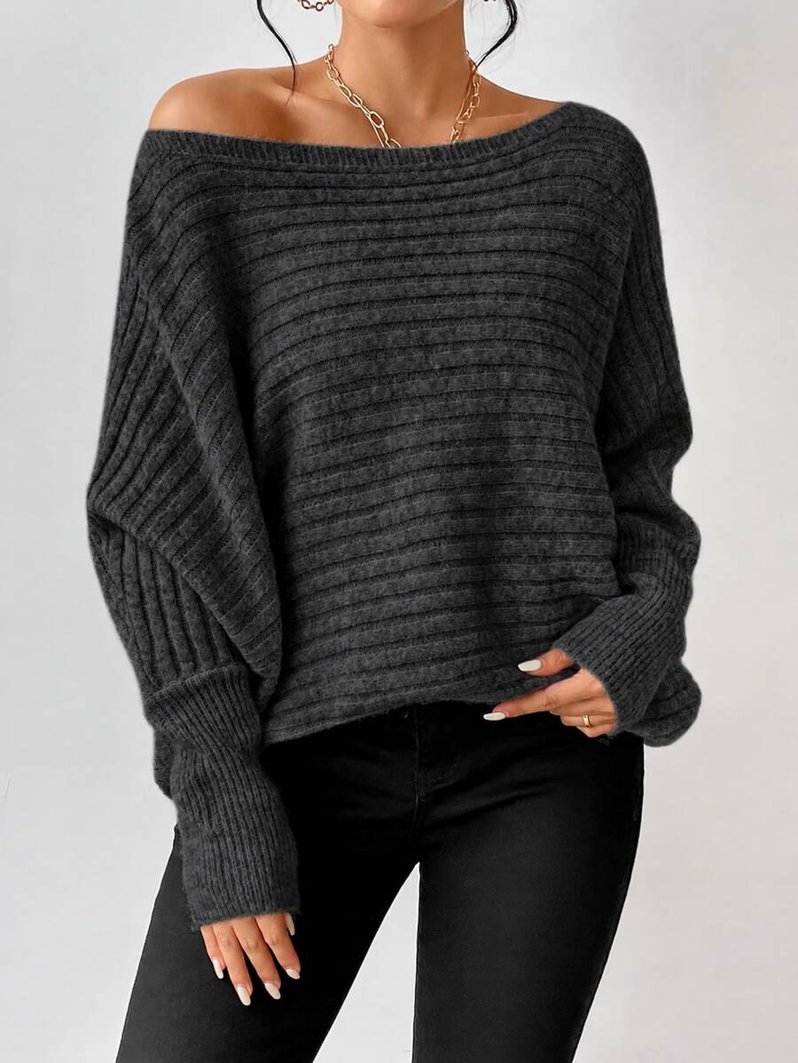Boat Neck Batwing Sleeve Sweater - Charcoal - photo 4