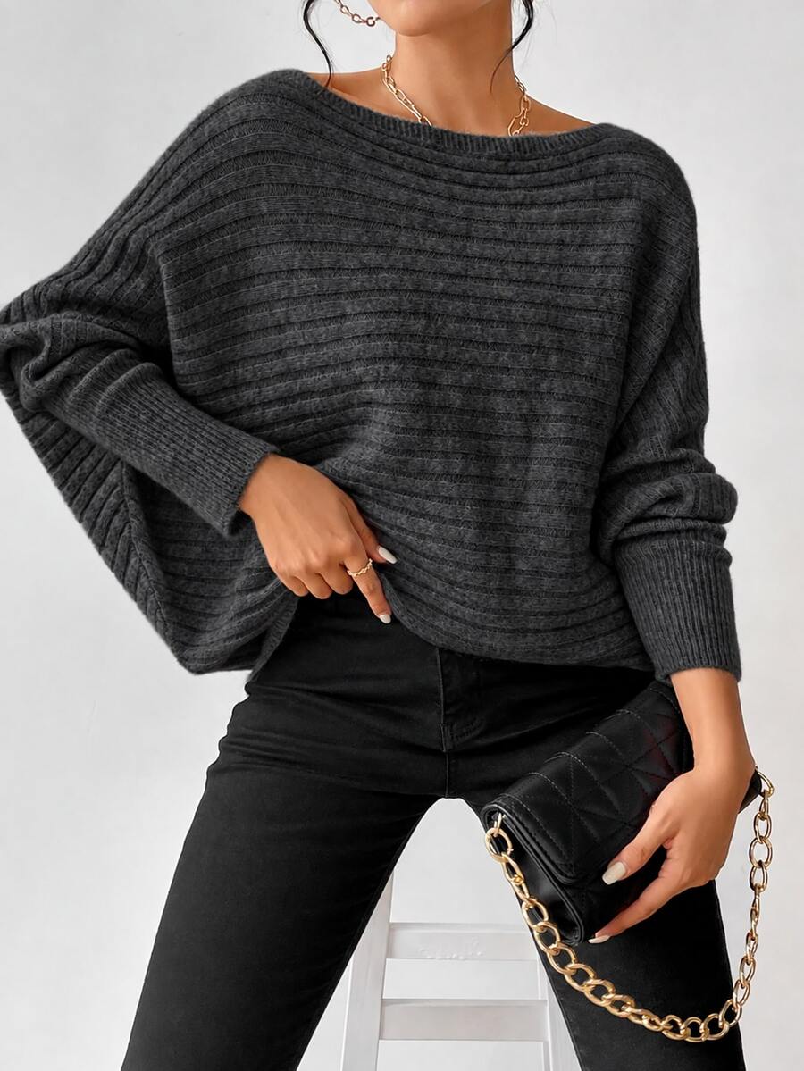 Boat Neck Batwing Sleeve Sweater - Charcoal - photo 7