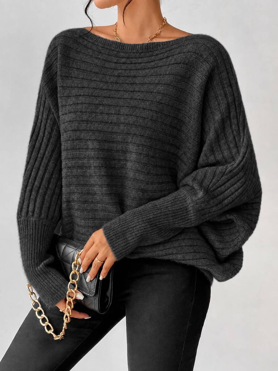 Boat Neck Batwing Sleeve Sweater - Charcoal - photo 6