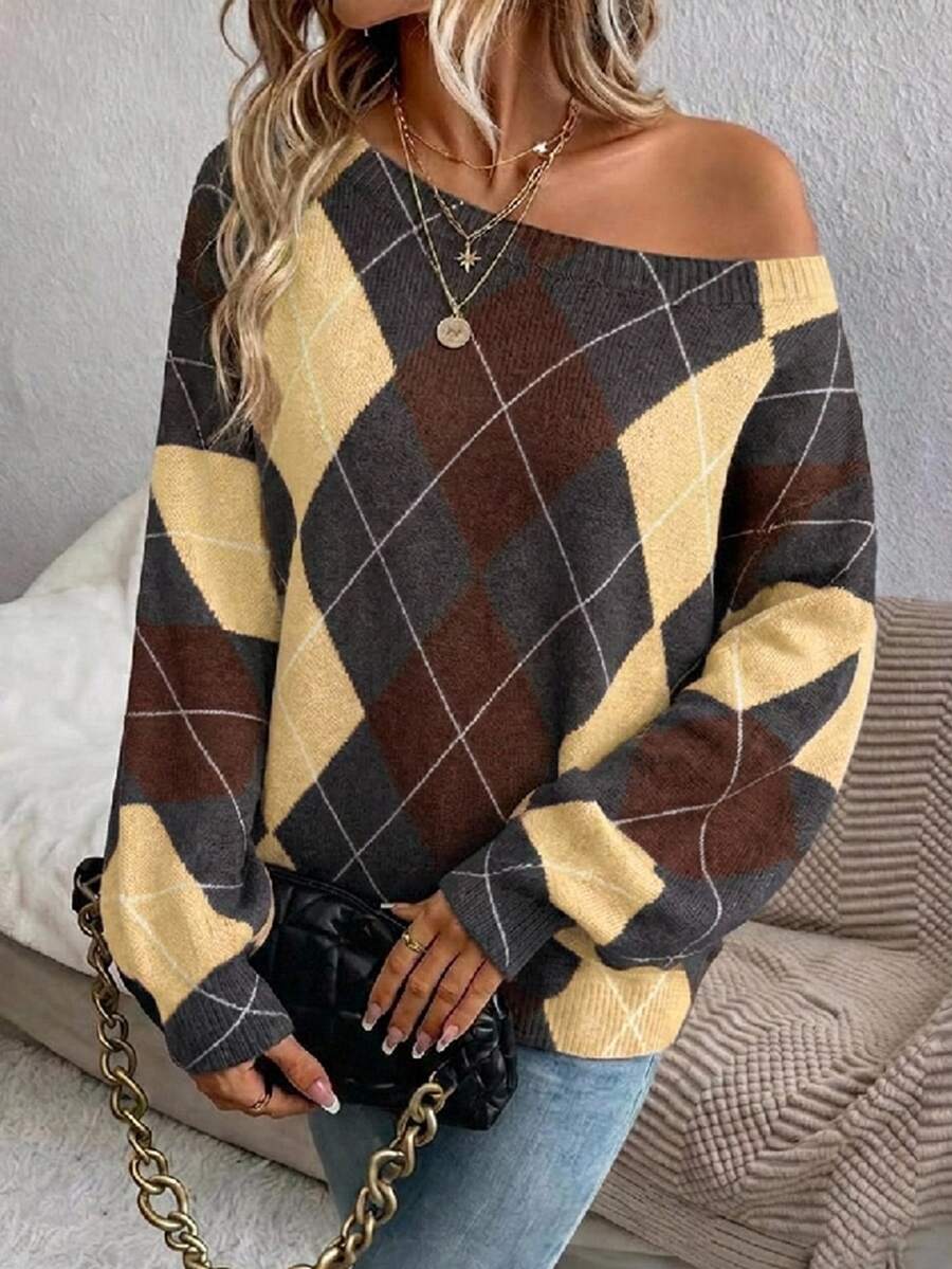 Off Shoulder Sweater Long Sleeve Pullover - Brown and Yellow