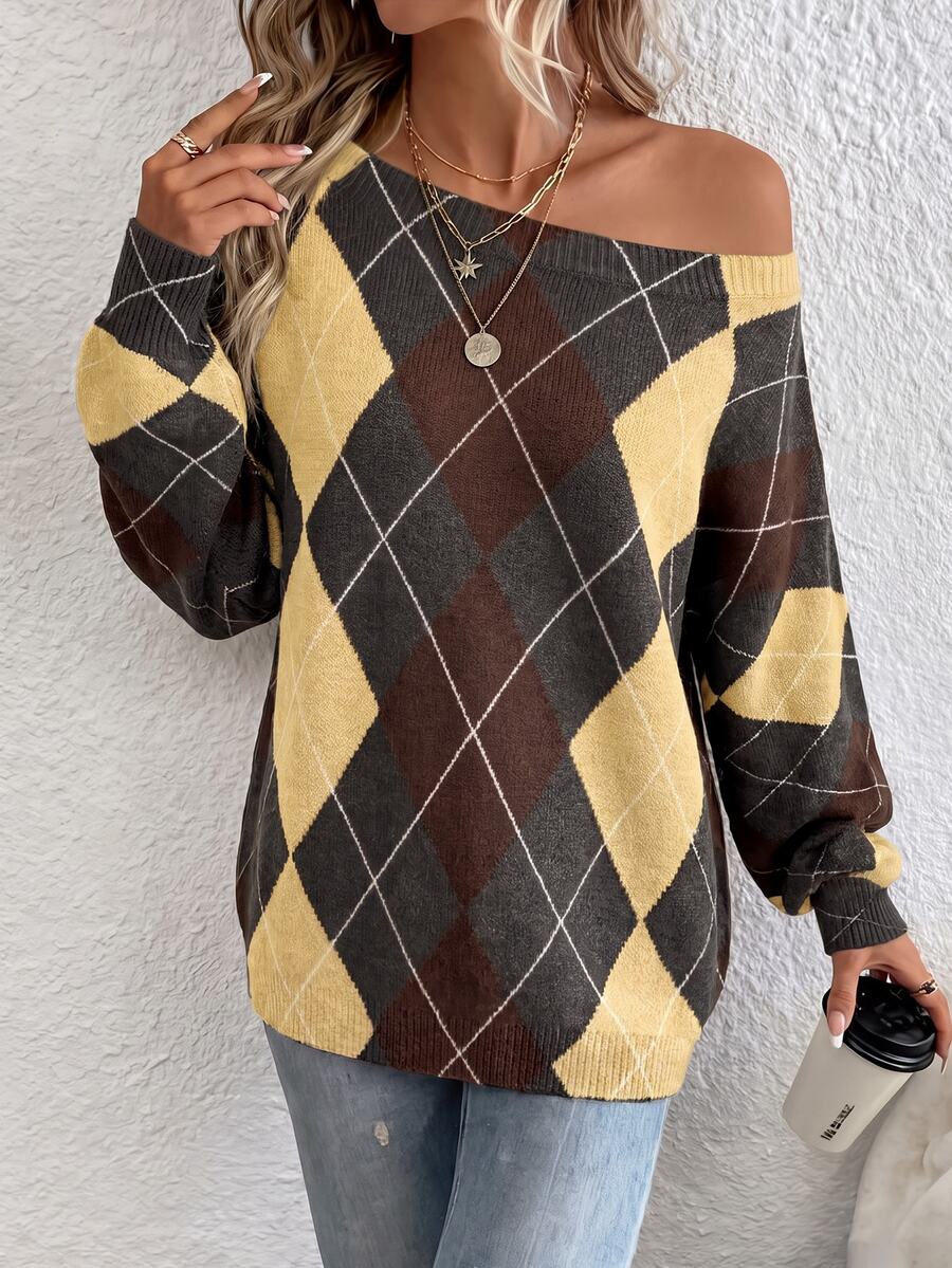 Off Shoulder Sweater Long Sleeve Pullover - Brown and Yellow - photo 6
