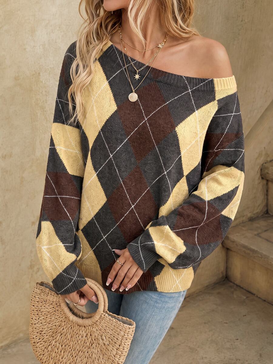 Off Shoulder Sweater Long Sleeve Pullover - Brown and Yellow - photo 3