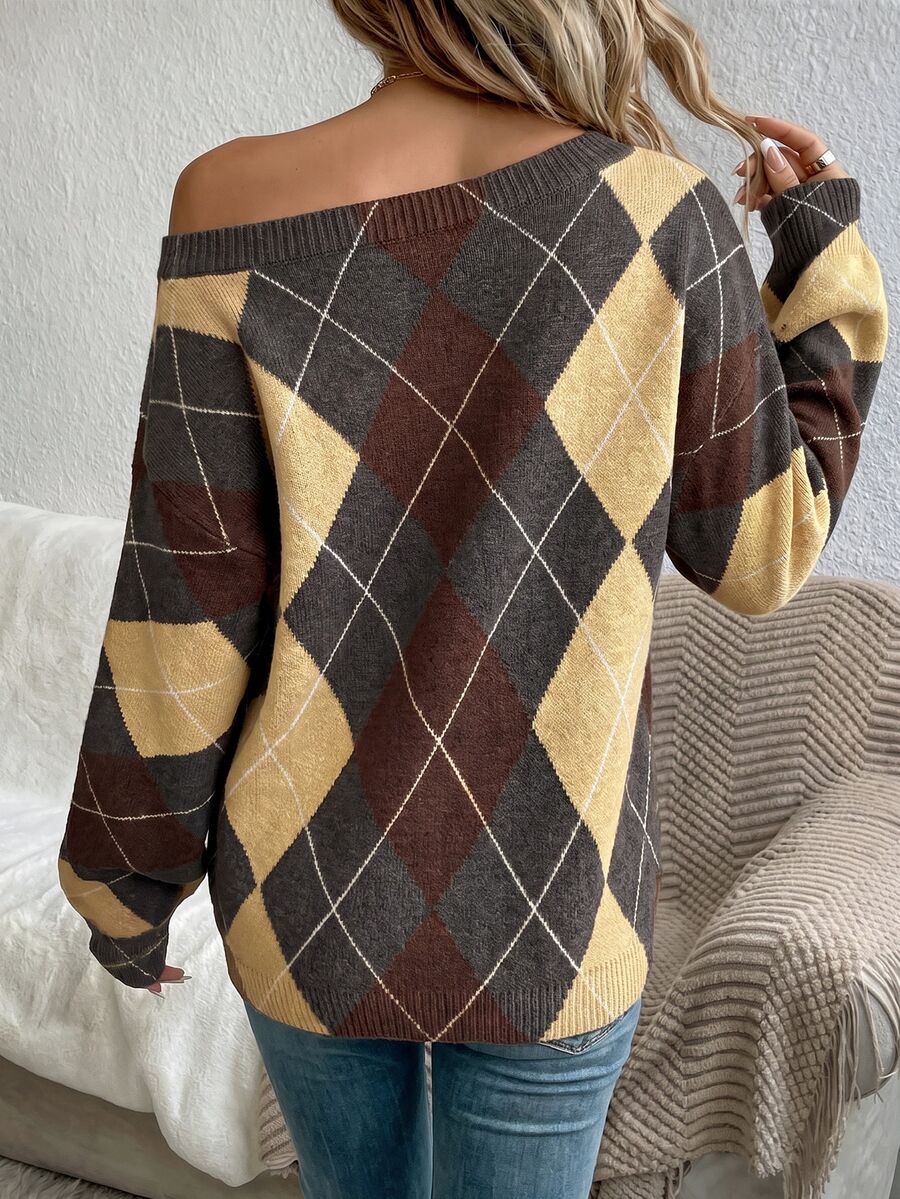 Off Shoulder Sweater Long Sleeve Pullover - Brown and Yellow - photo 2
